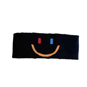 Bandeau de sport noir unisexe avec visage souriant brodé pour le fitness et le yoga