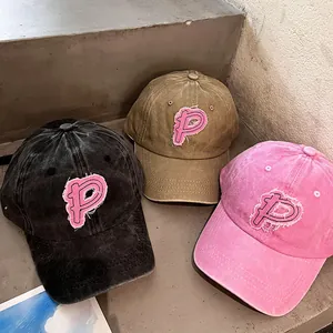 Vintage gewaschene Baseballkappe mit P-Stickerei in Schwarz Khaki und Rosa Farben