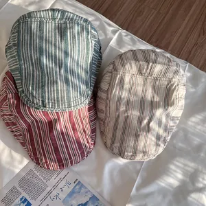 Vintage Striped Cotton Blend Newsboy Cap For Women Men Retro Flat Cap Adjustable Beret Hat For Summer Daily Travel