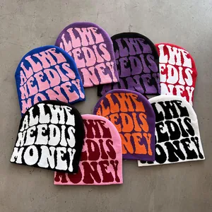 Trendy Jacquard Letter Knit Beanie For Men Women Streetwear Winter Warm Acrylic Cuff Cap All We Need Is Money Hat