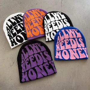 Knitted beanies with All We Need Is Money text in five assorted vibrant colors