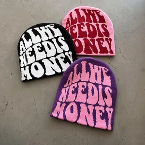 Jacquard knit beanie with 'ALL WE NEED IS HONEY' text in three color options