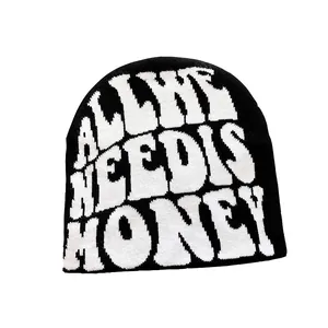 Knitted beanie hat with black and white jacquard letter patterns for men and women