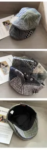 Détail de la sangle en cuir et du patchwork en laine sur la casquette rétro plate