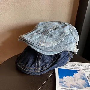 Retro Denim Flat Cap For Men Women Vintage Washed Cotton Newsboy Hat Adjustable Short Brim Ivy Cabbie Hat Daily Headwear
