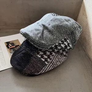 Béret Plat Vintage Patchwork à Carreaux pour Hommes Femmes Style Britannique Béret en Polyester Réglable Chapeau Newsboy Ivy Chaud Couvre-chef Automne Hiver