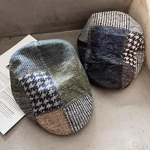 Casquettes gavroche rétro en patchwork pied-de-poule et tweed pour automne hiver