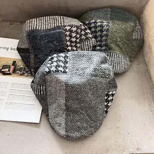 Béret patchwork rétro japonais en tissus pied-de-poule et tweed aux tons terreux