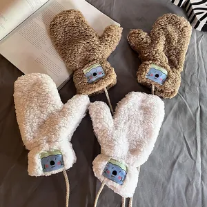 Winter Plush Mittens With Hanging String Cute Cartoon Koala Patch Thickened Warm Fleece Gloves For Women Students Outdoor