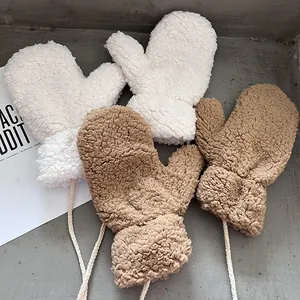 Plüsch-Fäustlinge für Damen in Beige und Khaki mit weichen Tragekordeln für Winter