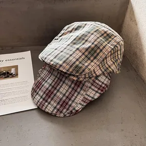 Vintage Karierte Schirmmütze Für Damen Herren Britischer Stil Baumwollmischung Flat Cap Verstellbare Karo-Mütze Lässige Reise-Accessoires
