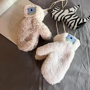 Winter fleece plush mittens with cute cartoon patch and neck strap for women
