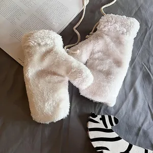 Winter sherpa fleece cartoon mittens with neck strap for women in cream white color