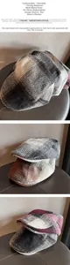 Detail showing wool blend herringbone check texture and adjustable 55-59cm size newsboy cap