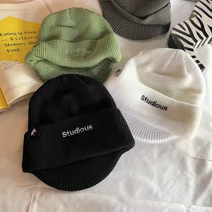 Bonnet en Maille Chaud d'Hiver Unisexe en Acrylique à Revers pour Hommes Femmes Décontracté Mode Extérieur Couleur Unie Brodé