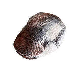 British vintage plaid newsboy cap in brown and grey wool blend for autumn winter