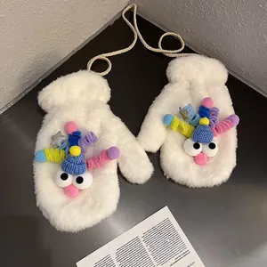 Detail of plush white mittens with colorful pompoms, tiny blue hat, and anti-lost cord