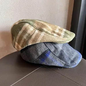 Retro plaid newsboy cap in wool blend material, vintage checked pattern for autumn and winter