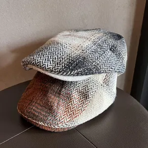 Vintage British Style Woolen Newsboy Cap For Women Men Plaid Herringbone Flat Cap Autumn Winter Warm Ivy Cap Adjustable
