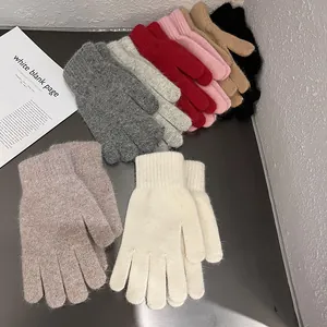 Damen Winter Warm Kaninchenhaarmischung Gestrickte Handschuhe Vollfinger Plüsch Fäustlinge Elastische Rippbündchen Einfarbig