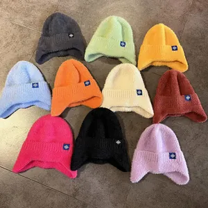 Women Winter Thickened Warm Knitted Viscose Trapper Hat With Ear Protection Snowflake Label Faux Fur Plush Beanie Hat