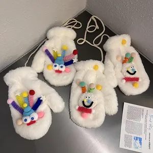 Cute plush neck-hanging mittens with funny colorful facial features for winter warmth