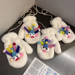 Cute white plush monster mittens with neck strap, warm faux fur for winter season