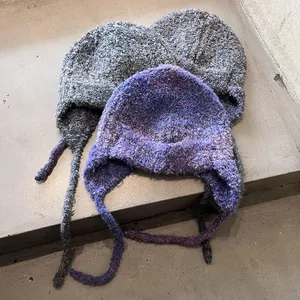 Women Warm Knit Earflap Beanie Hat Boucle Yarn Gradient Mixed Color Windproof Winter Lei Feng Hat With Straps
