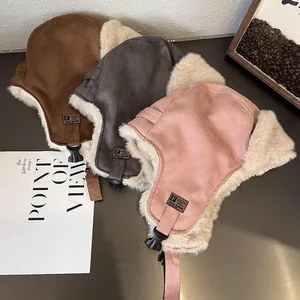 Thick faux suede winter aviator hats with warm plush lining and ear flaps in three colors