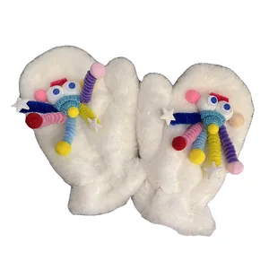 Cute white plush mittens for women with colorful DIY cartoon eyes and soft fur texture