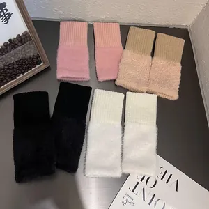 Winter thermal knit fingerless gloves with plush fur trim in multiple neutral colors