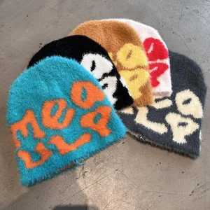 Winter fluffy knit beanie with jacquard letters, warm plush material in multiple colors