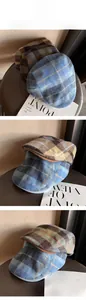 Detailed wool plaid beret hats in blue and brown, size 55-58cm for autumn style