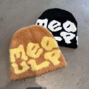 Winter plush knit beanies with contrasting letter jacquard pattern in brown and black