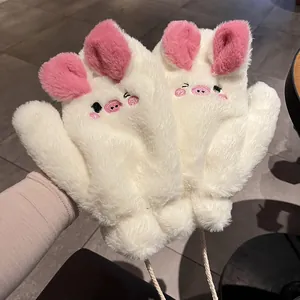 Dettaglio di guanti di peluche a forma di maialino con fodera termica e orecchie 3D