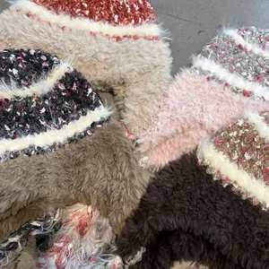 Women's warm striped faux fur earflap knit beanie for winter outdoor protection