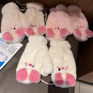 Simpatici Muffole in Peluche Maiale Cartone Animato Donna Interno in Pile Guanti Caldi in Pelliccia Sintetica Con Cordino