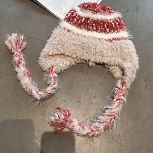 Winter striped plush knit trapper hat with warm earflaps and braided tassels in beige red