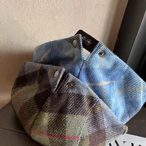 Japanese style plaid newsboy cap with wool texture and metal snap closure for autumn winter