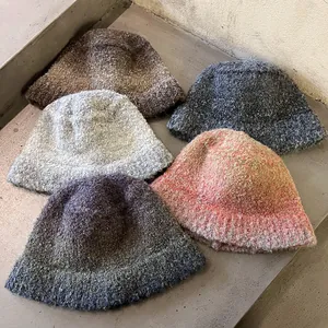 Women's Knitted Bucket Hat Mixed Color Gradient Warm Winter Fisherman Hat Soft Bouclé Plush Fashion Lazy Style Outdoor