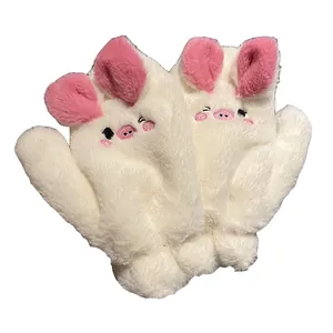 Guanti a manopola di peluche a maialino bianco con orecchie rosa per protezione invernale