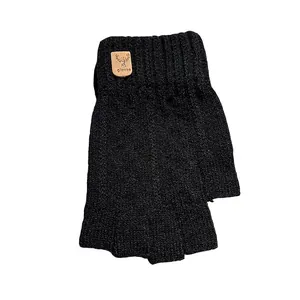 Thick black knitted fingerless gloves for winter featuring a brown deer leather patch
