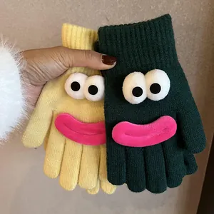 Cute knitted candy-colored gloves with cartoon eyes for winter warmth and screen touch