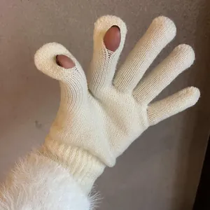 Cream knit touchscreen gloves with plush cuffs and open finger design for women