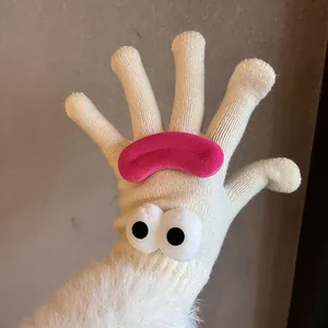 Cute white knit gloves with cartoon eyes and fluffy faux fur trim for winter warmth
