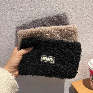 Teddy fleece cosmetic pouch set in black, grey and khaki with min letter patch
