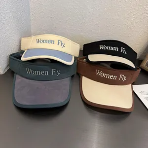 Contrast Color Cotton Blend Sun Visor Hat Women Fly Embroidery Adjustable Breathable Empty Top Cap For Outdoor Sport