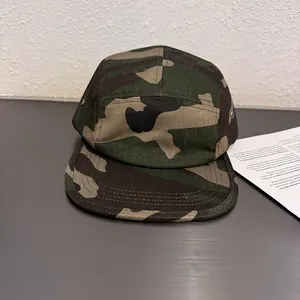 Classic woodland camouflage 5-panel camper hat with flat brim and metal side eyelets