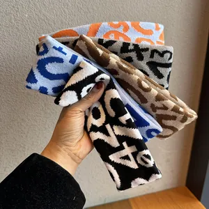 Unisex Knitted Sport Hairband Contrast Color Number Jacquard Sweatband Wide Stretchy Headband For Running Fitness Outdoor