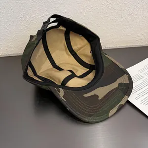 Classic woodland camouflage five-panel flat brim cap with adjustable strap and inner lining
